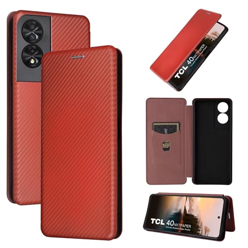 Étui TCL 40 NxtPaper 4G à rabat marron en fibre de carbone et PU