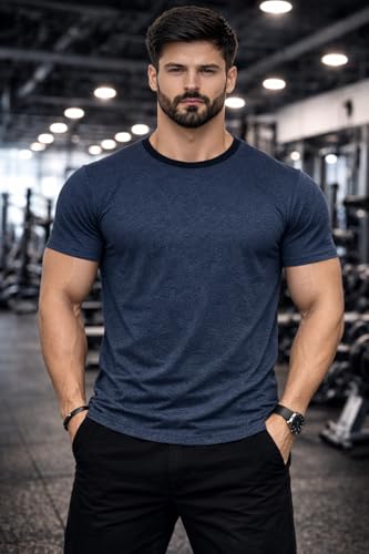 Image of Men's Solid Gym T-Shirt | Slim Fit Gym & Training Tee | Breathable Stretch Fabric | Round Neck Sports Wear for Workout