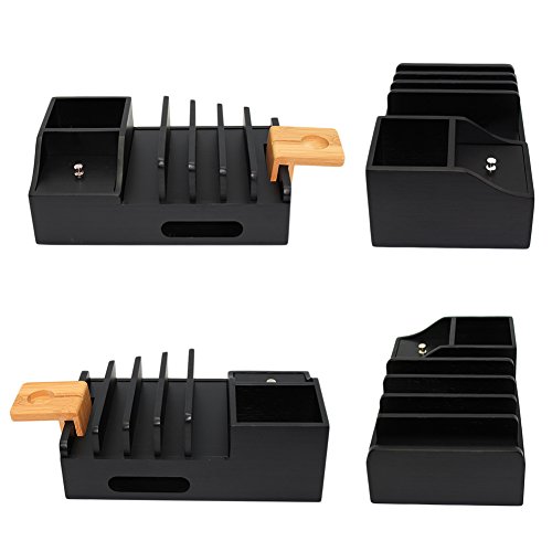 Bamboo Charging Station for Multiple Devices, Bedside Organizer Holder for Cell Phone, Tablet and Watch, Office Desktop Wood Storage Box for Pen, Key, Remote (Not USB Charger) - Pezin & Hulin