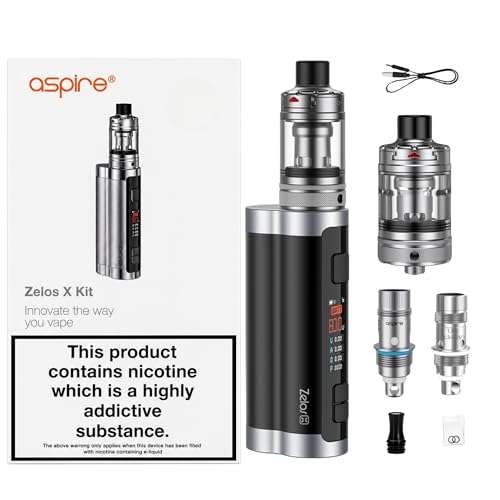 Aspire Zelos X Vape Kit 80W External 18650 battery (not included) Nautilus 3 Tank Type-C Charging 2ml TPD Tank - Compatible with Aspire Nautilus Series Coils - No Nicotine (Black & Silver)