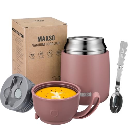 Image of Insulated Thermo Food Jar for Hot & Cold Food for Adult, 17 oz Soup Thermal Hot Food Containers for Lunch, Triple Layer Insulation Stainless Steel Food Jar with Spoon (New Pink2)