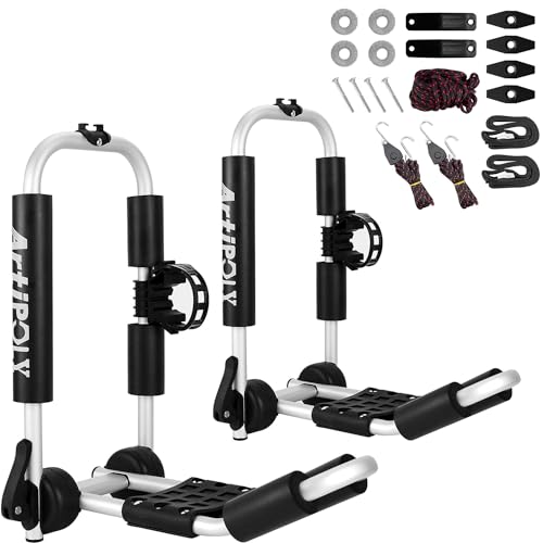 ARTIPOLY Kayak Roof Rack Carrier Kayak & Canoe Car Racks J-Bar with 3-in-1 Multifunction Paddle Holder for Easy Mount Kayak/Surf/Ski/Canoe/SUP on SUV, Car and Truck Crossbar