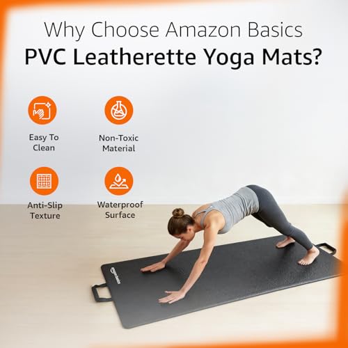 Image of Amazon Basics Leatherette Yoga Mat | 10 mm Thick Cushioned Support | Non-Slip Raxine Surface | Lightweight & Durable | Easy to Clean | Floor Protection | Ideal for Yoga, Pilates & Floor Workouts | Black