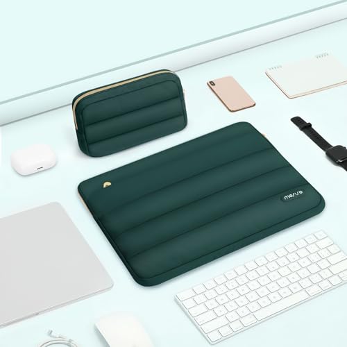 Image of MOSISO 13-14 inch Laptop Case, 13.3 inch Puffy Laptop Sleeve Compatible with MacBook Air 13 13.6 M3 M2 M1 /Pro 13 /Pro 14, HP, Dell, ASUS, Lenovo, Polyester Horizontal Bag with Small Case, Peacock Green