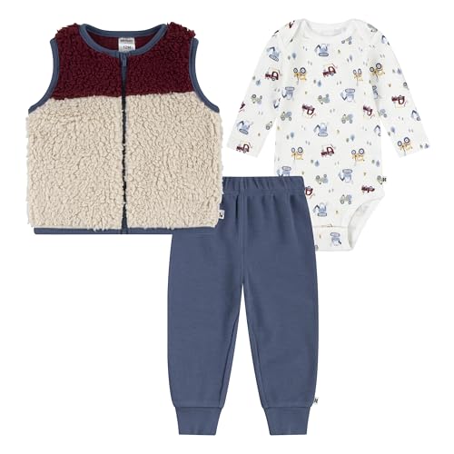 HUGGIES Long Sleeve Waffle Knit Bodysuit, Pants, and Sherpa Vest 3-Piece Outfit Set