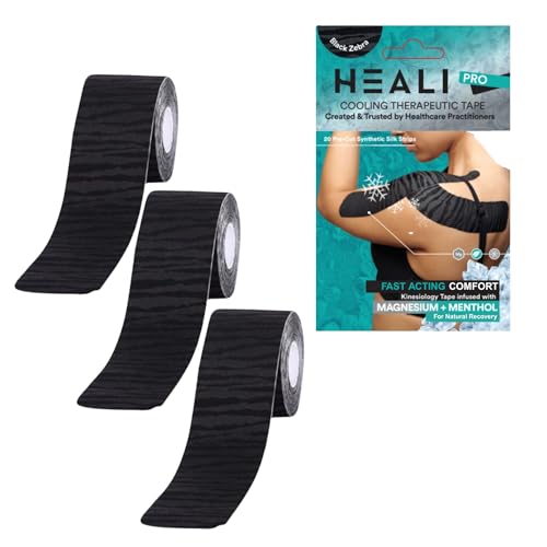 Image of Heali Kinesiology Tape 3 Pack, Magnesium & Menthol Infused, Elastic Sports Tape, Shoulder, Knee, Elbow, Ankle, Waterproof, Latex Free, Muscle Recovery, K Tape, Black Zebra