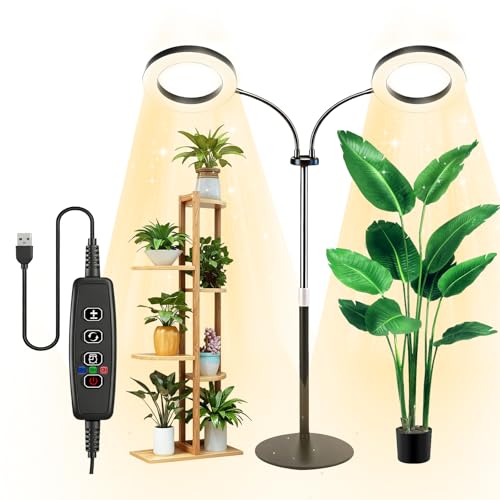 auvstar Lampe Horticole Led Spectre Complet,Lampe Plante Interieur avec Support,Deux Têtes Lampes de Croissance Horticoles,Led Horticole Minuterie Automatique 3/9/12H,3 Modes d'Éclairage