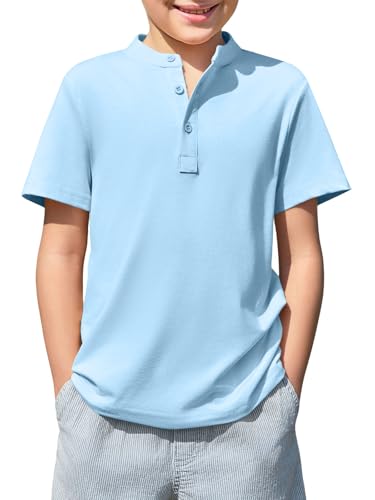 Haloumoning Boys Short Sleeve Henley Shirt Kids Casual Button Front Summer T-Shirts Tops Tees 5-14 Years Sky Blue