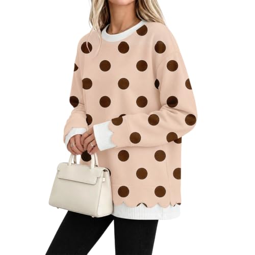 Layered Sweatshirt Women Built-In Shirt Polka Dot Scallop Hem Sweatshirt - image 4