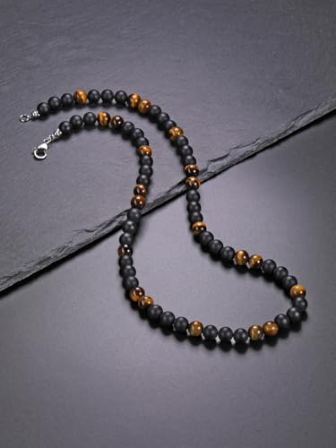 Jovivi Mens Necklace Set 2pcs Matte Black Agate Tigers Eye Gemstone Beaded Healing Crystal Necklace Stainless Steel Cross Pendant Necklace for Men Meditation Jewelry3