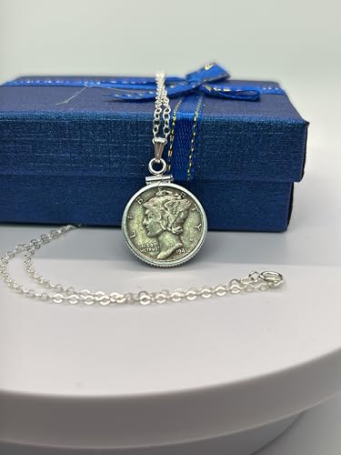 Handmade Sterling Silver Vintage 1940's Mercury Dime 925 Necklace No Plating. 16-20" Chain lengths NEW. US collectible Silver 10 cent coin. 90% Silver Dime. Screw Top Coin Edge bezel3