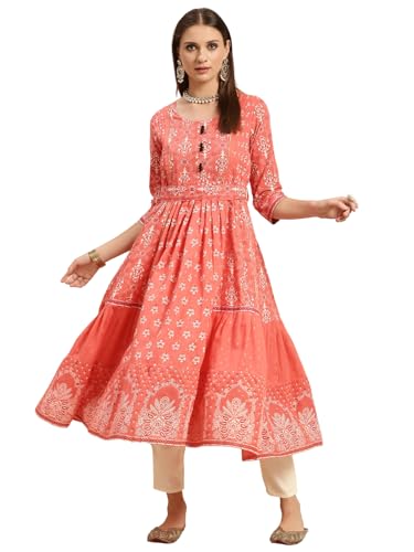 Image of rangita Coral Cotton Calf Length Embroidered Anarkali Kurti for Women | Kurta for Women