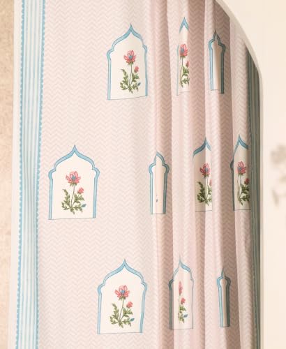 Image of Tranquebar Curtain Co. Window Curtains 5 Feet, 60-65% Room Darkening,Pink Mughal Print, Cotton Curtains for Window, Cotton Curtains 5 Feet Long Set of 2, BackTab Loops,Mehr (152 cm) - Set of 2