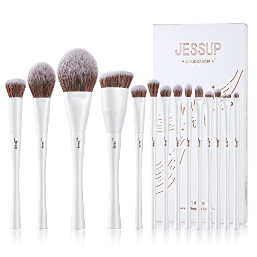 Jessup Makeup Brushes Set 14pcs Highend Makeup Gift Set for Women Include Foundation Concealer Blush Contour Powder Eye Shadow Brush, Makeup Sponge, Makeup Brush Cleaner and Towel, Pearl White T333