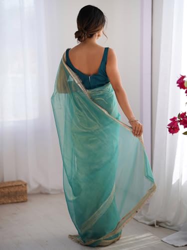Image of AKHILAM Women's Shimmer Net Solid Saree With Unstitched Blouse Piece