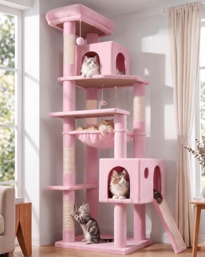 Image of Globlazer Pink Heavy Duty Cat Tree, 70 inch Sturdy Cute Cat Tower for Indoor Cats Extra Large Cat Tower with Scratching Post, Hammock, Cat Condo for Adult Cats Kittens, F70 Pro, Pink