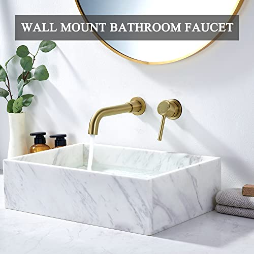 Yardmonet Solid Brass Wall Mount Faucet For Bathroom Sink, Brushed Gold Wall Mounted Bathroom Faucet With Single Handle, Rough-In Valve Included #TOP1