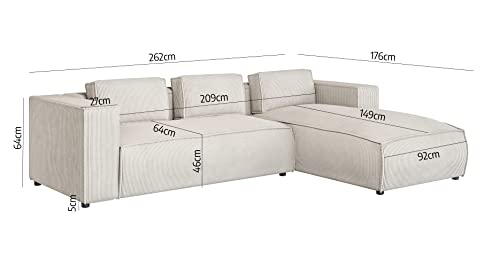 S-Style Möbel Nante Fünfsitziges Ecksofa Trendiges Modernes Ecksofa Nante Kord Stoff 262cm x 176cm x 64cm Gemütlich Lose Rückenlehnenkissen Schwarze Kunststoffbeine Eckseite Rechts Farbe Beige – Bild 4