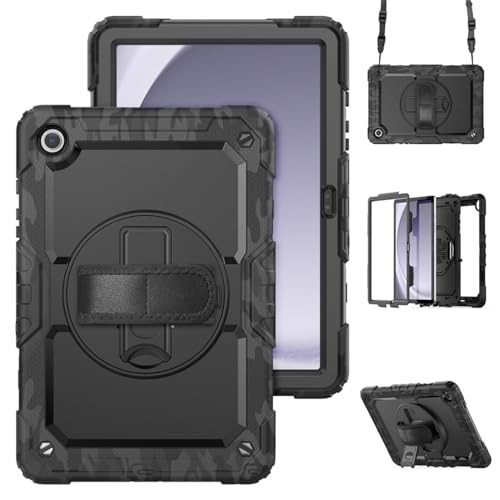 HYWOO for Samsung Galaxy Tab A9+ 11.0 SM-X210 X216B X218U,Shockproof Cover with Screen Protector,Rotate Stand,Handle,Shoulder Strap,Pen Holder (Camo Black)