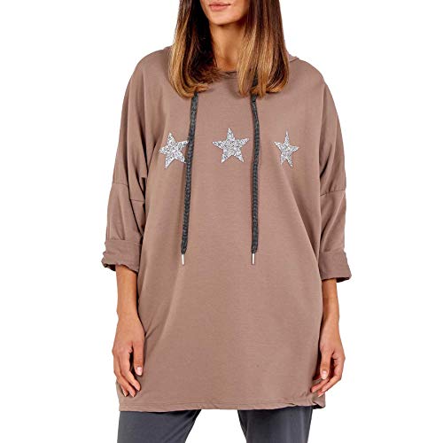 Image of Xpose Ladies Casual Baggy Oversized Gem Embellished Star Detail Hooded Pocket Sweatshirt Top Jumper Black Charcoal Dusty Pink Khaki Mocha Navy Medium - XX-Large UK Size 12-20 (MOCHA, L/XL (16/18))