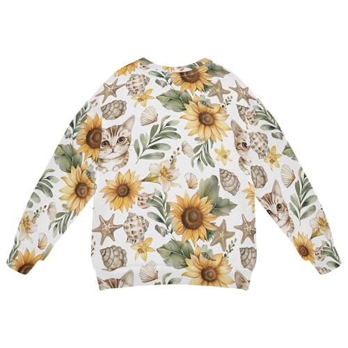 JUNZAN Cute Cartoon Cats Sunflower and Seastars White Little Kids Sweatshirt Hoodie Crewneck Hoodies for Girls Sports 4T2
