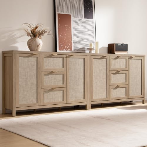 Image of SICOTAS 52 Inch Rattan Sideboard Buffet Storage Cabinet with 3 Drawers | 2 Pieces Farmhouse Boho Coffee Bar Cabinet Storage Cabinet with 3 Drawers, Console Table for Living Room, Kitchen, Hallway