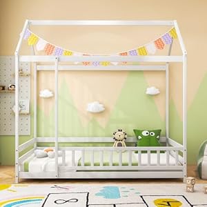Giantex twin floor bed with fence wood montessori bed with safety guardrails and 805 high roof design without slats house bed frame low floor bed twin for kids girls boys white  urban country home decor