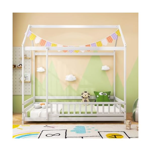 Giantex twin floor bed with fence wood montessori bed with safety guardrails and 805 high roof design without slats house bed frame low floor bed twin for kids girls boys white  urban country home decor