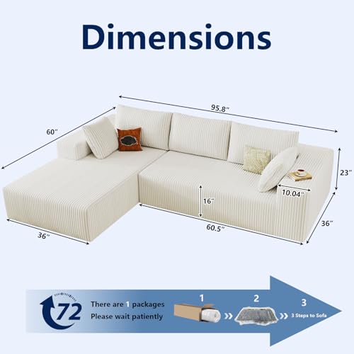 Image of 96 inch Modular Sectional Sofa, Modern Corduroy Cloud Couch with Deep Seat, Boneless Couch Upholstered 3-Seater L-Shaped Sofa for Living Room, No Assembly Required (White, Left-Facing Chaise)