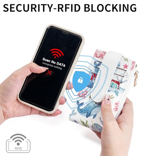 Image of GOIACII RFID Slim Card Holder Wallet with ID Window Thin Bifold Wallet for Womens Zipper Coin Pocket Whale Print