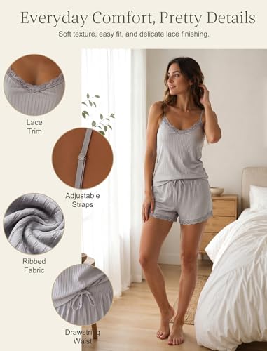 Image of Girece Cami Pajama Set for Women Ribbed Lace Trim 2 Piece Pajamas with Shorts Adjustable Strap Pjs Set Soft Lounge Sleepwear
