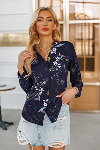 Soteer Women's Casual Floral Printed V Neck Tops Chiffon Cuff Long Sleeve Button Down Work Shirts Blouses #TOP1