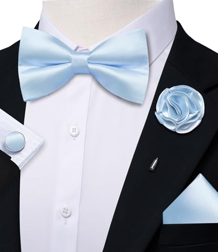 Image of Solid Color Bow Ties for Men Silk Pre-tied Tuxedo Bowtie Set 4PCS | Pre-tied in 3 seconds,adjustable 4PCS bow tie and pocket square cufflinks lapel pin set,wedding,formal,party,prom,graduation
