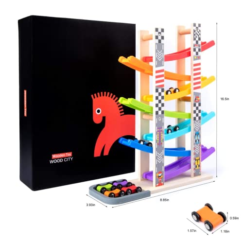 Wood City Toddler Toys For 1 2 3 Years Old, Wooden Car Ramp Racer Toy Vehicle Set With 7 Mini Cars & Race Tracks, Montessori Toys For Toddlers Boys Girls Gift #TOP2