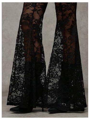 Verdusa Women's Sheer Lace High Waist Flared Leg Pants Bell Bottom Lightweight Summer Outfit4