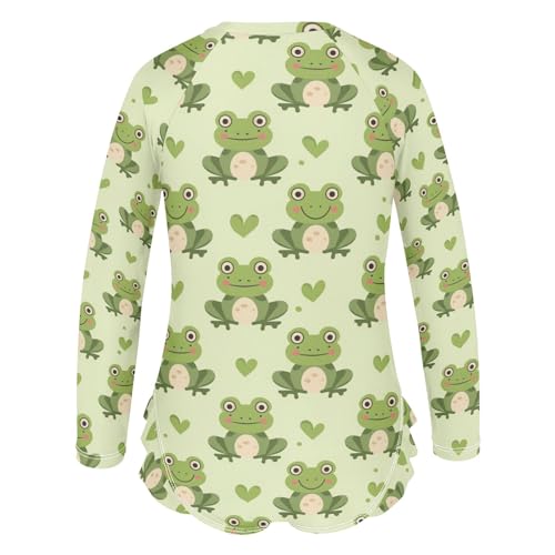 Green Frog and Love Heart Girls Long Sleeve Swimsuit Rash Guard One Piece Bathing Suits Zipper 3-12T3