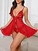 Foxiny Sexy Open Front V Neck Ruffle Sheer Mesh Lace Wireless Babydoll Lingerie Dress with Thong 2 Piece Women See Through Panty Set Chemise Negligee Hook Bright Red Medium