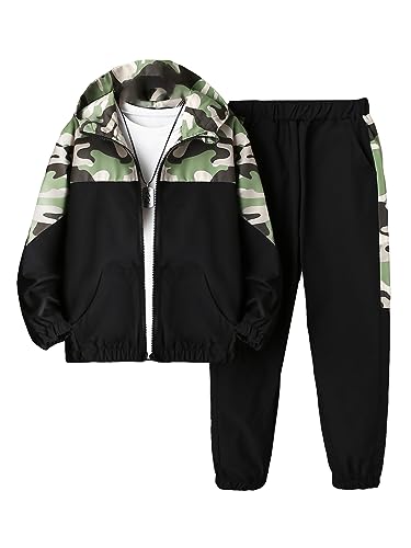 OYOANGLE Boy's 2 Piece Camo Print Long Sleeve Zipper Hoodie Jacket and Elastic Waist Jogger Pants Set Tracksuit