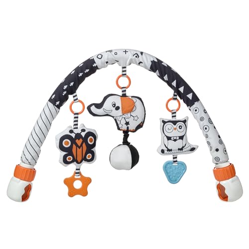 TUMAMA Spielbogen Baby Kinderwagen 0 3 6 12 Monate, Clip auf Kinderbett Kinderwagen Spielzeug mit 3 Hängende Tiere Rassell, schwarz Weiss Kontraste Bogen Spielzeug für Kleiner