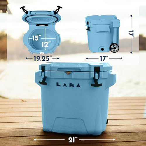 Image of Laka Cooler with Wheels - 30QT Rotomolded Insulated Rolling Hard Cooler, Telescoping Handle, Holds 24 Cans + Ice, Up to 7 Days Cold, Drain Plug, Cup Holders + Bottle Opener, Beach /Camping /Boat
