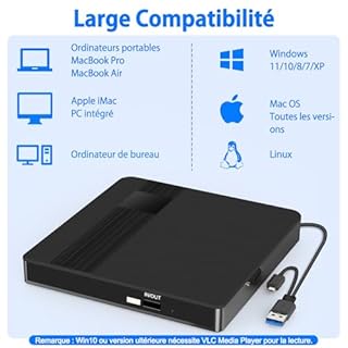 BNEHHOV Lecteur CD DVD Externe avec USB 3.0 Type-C Graveur DVD Externe CD DVD +/-RW Lecteur Portable pour Ordinateur Portable Bureau PC et Mac OS pour MacBook pour Windows 11/10/8/7/XP Linux OS