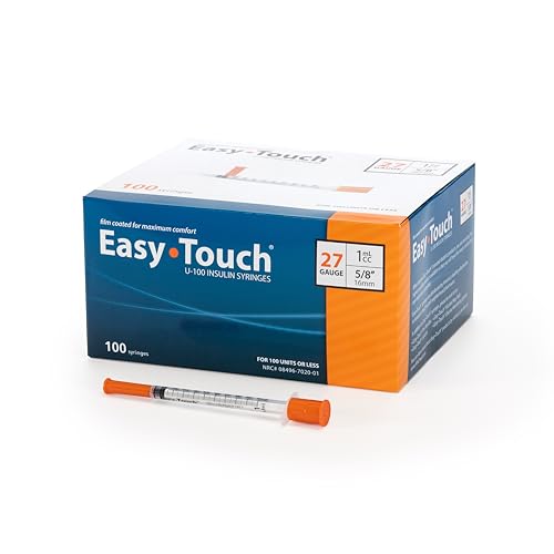 Image of Easy Touch 27 Gauge U-100 Insulin Syringes (27G 1cc 5 /8 inch) with 5 /8 inch Long Needle, 1cc (100 Unit Capacity), Bold Markings for Accurate Dosing, Disposable, Box of 100