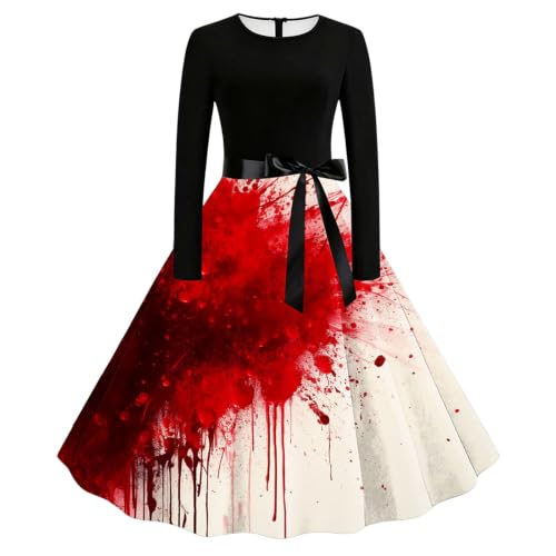 Halloween Kleid Damen Gothic Kleidung Rundhals Langarm Cocktailkleid Vintage Rockabilly Kleid Hohe Taille A-Linie Ballkleid Mottoparty Outfit Grusel Blutflecken Geistern Kohlrabi Motive Gothic Kleid