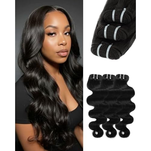 BEEOS 3 Body Wave Bundles Human Hair 12 14 16 Inch, #1 Jet Black Double Weft 100% Remy Human Hair Bundles for Black Women Sew In and Quick Weave, 95g x 3