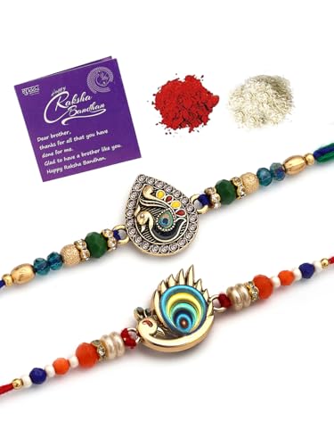 Image of Sukkhi Rakhi Trendy Floral Design Gold Plated AD Stones & Pearls Combo Rakhi for Brother with Roli Chawal & Greeting Card| Set of 2