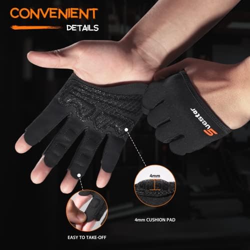 SueStar Partial Weight Lifting Gloves, 3/4 Finger Workout Gloves for Men Women, Full Palm Protection & Silicone Grip Gym for Weightlifting Exercise Fitness Smartwatch Friendly (Black, X-Large)
