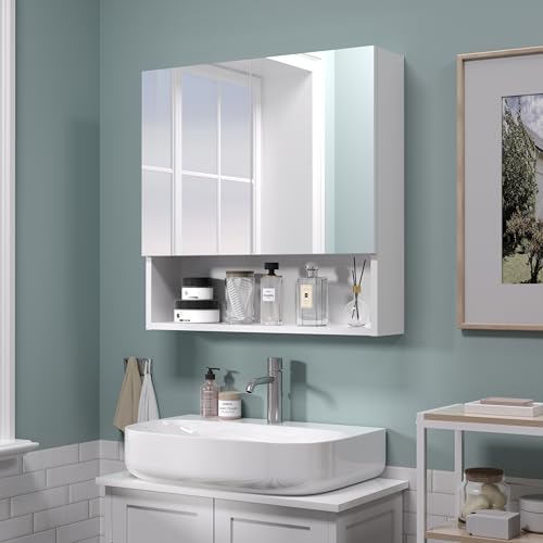 Réflexon 24x24 Bathroom Cabinet with Mirror, Wall Cabinet with 2 Mirrored Doors, Adjustable Shelf, Open Compartment, Wall-Mounted, White (Assembly Required)
