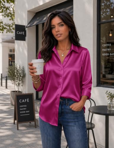 Image of Zeagoo Womens Satin Blouses Button Down Shirts 3 /4 Sleeve Dressy Tops S-2XL