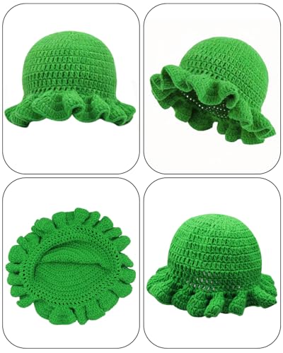 Image of Women Crochet Bucket Hat Cute Winter Ruffled Brim Floppy Cap Handmade Knit Cloche Hats