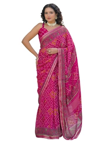 Image of SIRIL Women's Georgette Bandhani Printed Saree With Unstitched Blouse Piece